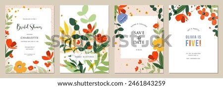 Bright floral artistic templates. For wedding and birthday invitations, and bridal shower, Mothers Day cards, flyer, poster, banner, brochure, menu, post in social networks, events and page cover.