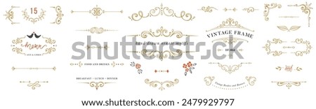 Golden ornate handdrawn elements, frames, labels, scroll, logos, floral motifs. For page decoration, branding, graphic design, packaging, stickers, business and greeting cards, invitations, menu. 