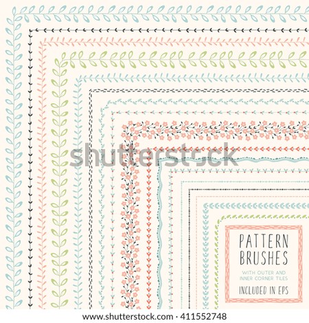 Collection of vector pattern brushes. Floral brushes and pattern brushes set with inner and outer corner elements. Decorative frames and borders.