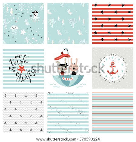 Creative seamless patterns and prints set. Pirate and marine design. For fashion kid's wear, T-shirts, posters, cards, scrapbooking, birthday and party invitations. Vector illustration. 