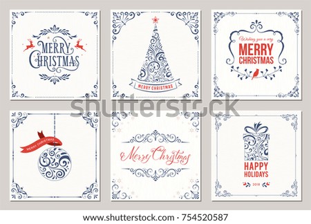Ornate square winter holidays greeting cards with New Year tree, gift box, Christmas ornaments, swirl frames and typographic design. Vector illustration.