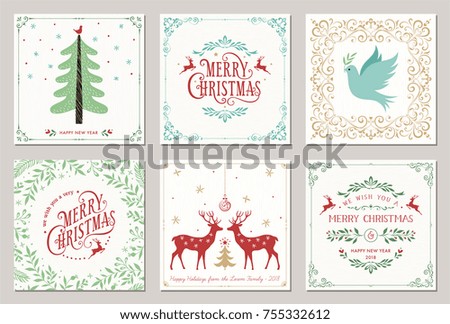 Ornate square winter holidays greeting cards with New Year tree, reindeers, Christmas Dove, typographic design, floral and swirl frames. Vector illustration.