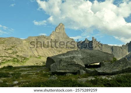 Similar – Image, Stock Photo Viewpoint with stone piles, Vrsic pass and Triglav Mountains