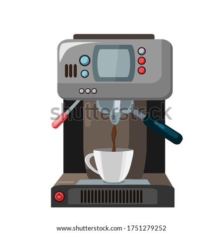 Coffee maker with white coffee cups, espresso coffee is flowing from the machine down to the mug,, Vector illustration isolated on a white background. Side View of Stainless Steel Electric Kitchen.