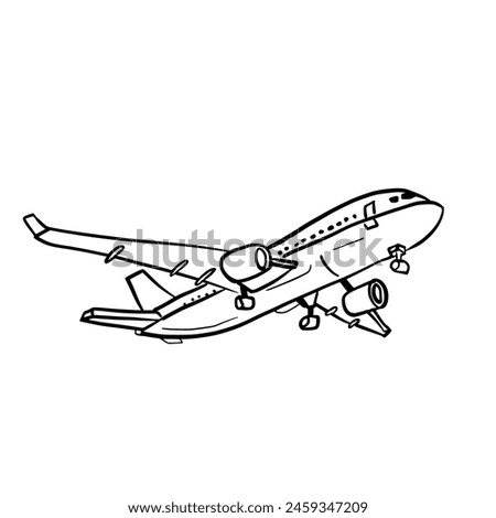 Line drawing of a passenger plane flying in the sky.Vector illustration isolated on white.