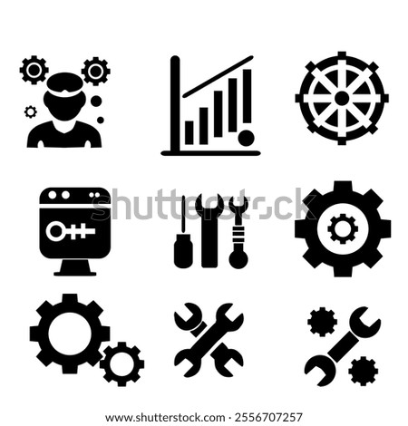 Settings glyph solid icons collection.Containing configuration, maintenance, service, tools, wrench, gear. For website marketing design, logo, app.Vector illustration isolated on white background.