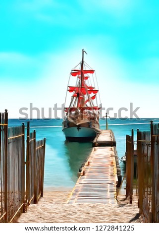 Digital painting. Drawing watercolor. Seascape, sea, pleasure ship. Sailing yacht stands at the pier.