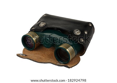 Green metal theater binoculars in a leather case. Isolated object on a white background.