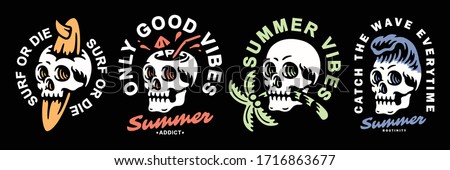 Summer-themed skull set design. For t-shirts, stickers and other similar products.