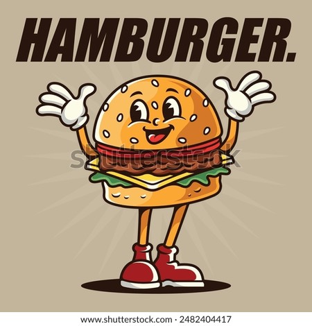 Vector illustration of a cute and adorable cartoon hamburger smiling broadly and waving cheerfully, For t-shirts, stickers and other similar products.