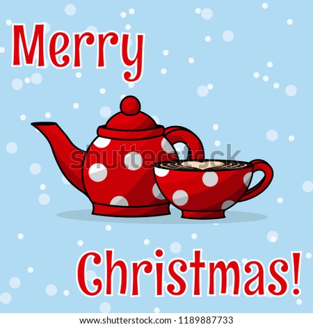 Christmas card, red teapot with mug on blue background. Vector illustration of EPS 10. Merry Christmas!
