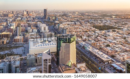 Riyadh skyline_ Aerial photography of the city of Riyadh at sunset in the Kingdom of Saudi Arabia