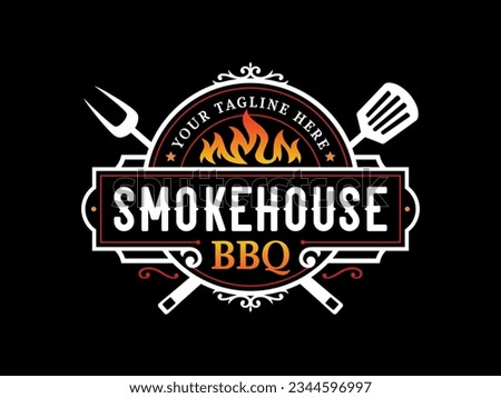 Barbeque smokehouse bbq barbecue bar and grill logo design with fork and fire