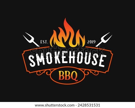 Barbecue smokehouse bbq grill restaurant logo with fork and fire