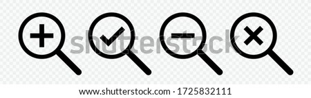 Loupe icons set.Search icons. Isolated magnifying glass icon vector design collection.Checkmark plus minus cross.Magnifier or loupe sign set.Vector illustration