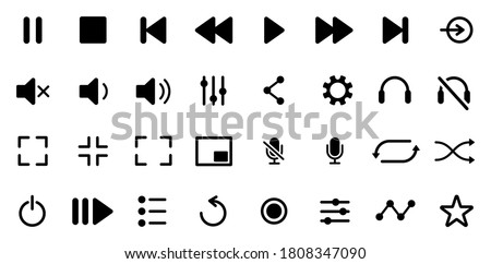 Media player icons set. Collection of multimedia symbols and audio, music speaker volume, interface, design media player buttons. Play, pause, stop, record, forward, rewind, previous, next, eject.