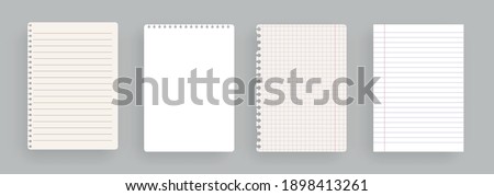 Realistic lined notepapers.Set of torn sheet of paper from a workbook with shadow, isolated. Illustrations of a torn sheet paper.Vector pads paper sheets with lines and squares for memo. Vector illust