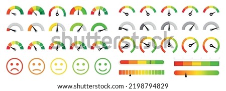 Colour speedometer set. Meter level. Good and Bad meter. Colored scale. Gauge. Indicator with different colors. Gauge, dashboard, scale, indicator. Customer satisfaction level meter.