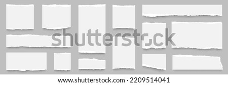 Realistic torn paper edges collection. Torn sheets of paper. Ripped squared horizontal white paper strips. Long horizontal set of torn pieces of paper. 