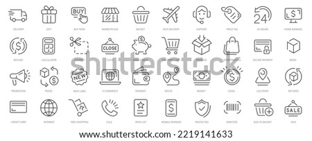 E-Commerce Line Icons. Online shopping icons. Shopping icons collection. Payment elements. Shop sign e-commerce for web development apps. Mobile Shop, Digital marketing, Bank Card, Gifts. 
