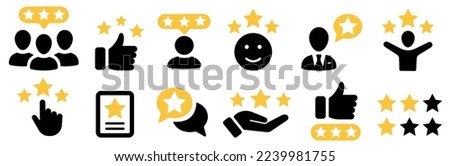 5 stars positive review. Rate icons set. Feedback icon collection. Concept of best ranking. Customer review. Good result. Star, envelope, smiling emoji, like thumb up and speech bubble. 