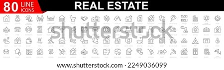 Set of 80 Real Estate web icons. Included the icons as realty, property, mortgage, home loan and more. Rent, building, agent, house, auction, property, mortgage, home, realtor, collection. 