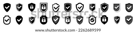 Shield check mark icon set. Set of security shield. Security shield protection icon with tick. Vector illustration