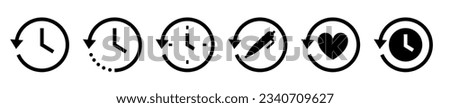 History past events vector icon set. Account history icons. Clock go back in time. Circle past time backward arrow black. Clock, time icons. Vector illustration