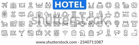 Hotel icon set. Hotel service. Hospitality symbol, room, service, booking, chef, taxi, airplane and more. Vector collection.