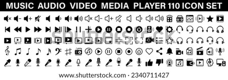 Set 110 media player icon set. Music, interface, design media player buttons, sound and cinema, interface multimedia, video and audio, media player buttons. Vector Illustration