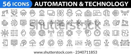 Automation  Technology 56 icon set. Machine learning line icons. Robotics, iot, biometric, device, chip, robot, cloud computing and automation icon. Vector illustration.