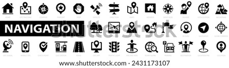 Navigation flat icon set. Location icons. GPS elements, map, compass. map pin, gps, destination, directions, address, route, navigator and more. Editable stroke. Vector illustration.