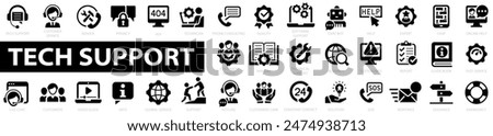 Technical support big flat icon set. Customer service and support icon set. Assistance, helpline, mutual aid, service, technical support, help, call center, hotline, solution, chat bot, research, guid