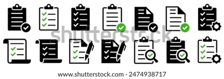 Checklist icon set. Clipboard checklist or document. Checkmark, document, checkbox on paper and more. Clipboard concept. Vector illustration