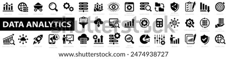 Data analytics big icon set. Data processing. Statistics, analytics technology collection. Database, statistics, analytics, server, monitoring, computing, network, search, discover and more. 