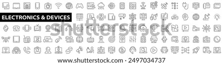 Technology and Electronics and Devices web icon set in line style. Computer, device, phone, laptop, communication, e-commerce, smartphone and more. Vector illustration