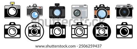 Camera icon set. Retro camera. Old camera. Photo camera icon in different style. Vector illustration