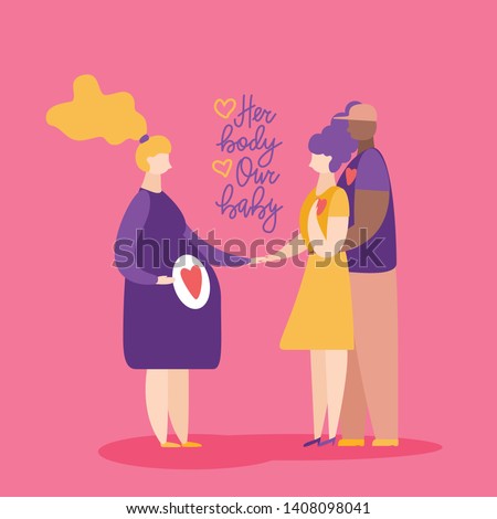 Couple with Surrogate Pregnant woman.  Vector illustration flat cartoon style with hand drawn lettering. Adoptive parents. Surrogacy. EPS10