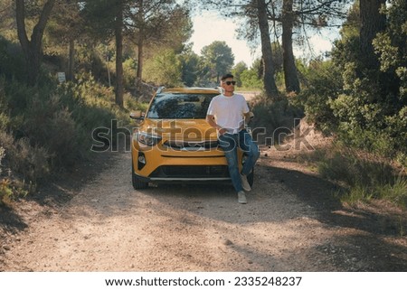 Similar – Image, Stock Photo Traveler standing on path in forest