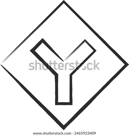 Single brush-drawn illustration of a simple sign with a Y-shaped road intersection