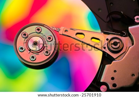 Hard drive platter colorized showing read write head