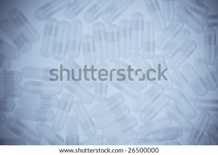 Close up of a collection of transparent drug capsules