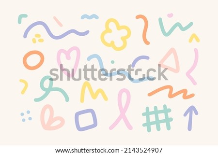 Colorful set of various hand drawn abstract shapes, strokes and doodles. Childish cute drawing. Modern design elements. Vector texture. 