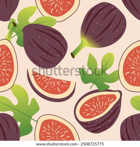 Figs and fig slices form a beautiful modern oriental seamless pattern with pink background for textile. Vector.