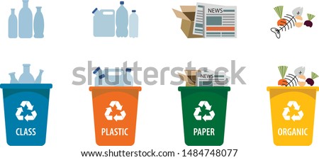 Waste sorting vector. Set of trash bins with sorted garbage. Various kinds of trash: organic, plastic, paper, glass. Colorful trash cans.