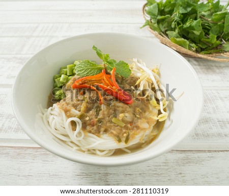 Thai rice vermicelli with vegetable eaten with fish curries. thai food