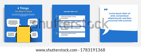 Social media tutorial, tip, trick, quick tips, layout template with geometric background design in blue, white, yellow color. Vector illustration