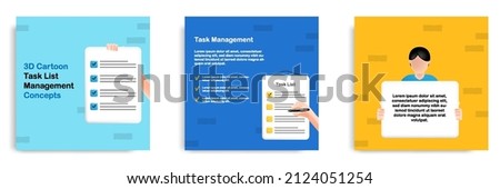 Social media tips, trick, informative task and to do management, post banner template design in 3D cartoon style with character hand, checklist, paper. Vector illustration