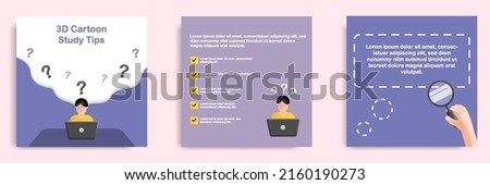 Social media tutorial, tips post banner layout template in 3D cartoon style. Study, research concept. Vector illustration