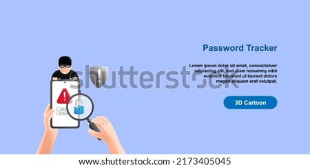 3D cartoon style. Password tracker concept. Men spy, hacker try to breaking phone security, with smartphone, break padlock, magnifier glass, warning sign icon. vector design illustration